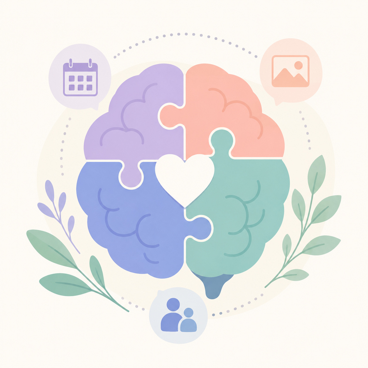 Illustration of two connected brains surrounded by symbols of memory and care