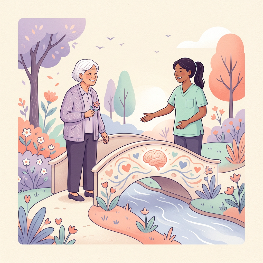 Illustration of an older adult and caregiver connected by a bridge