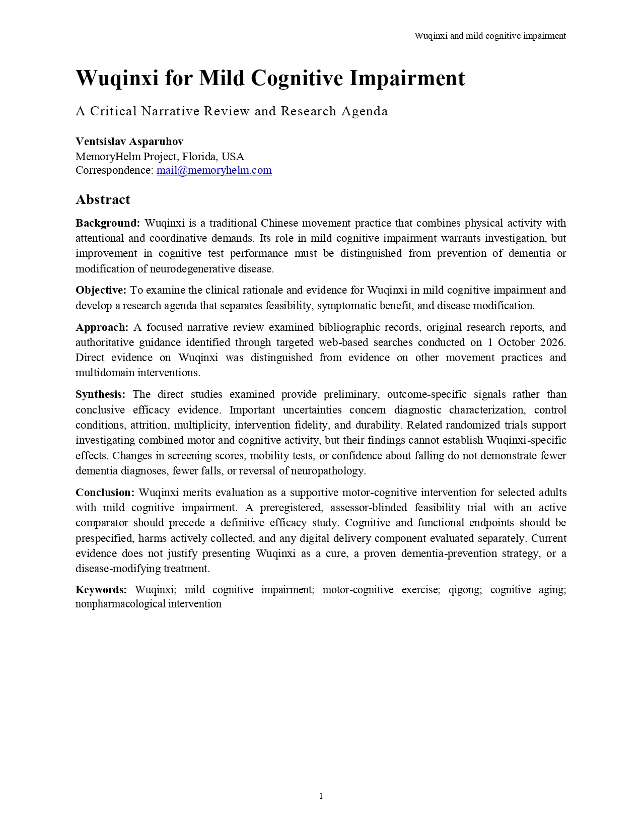 First page of Wuqinxi and Mild Cognitive Impairment